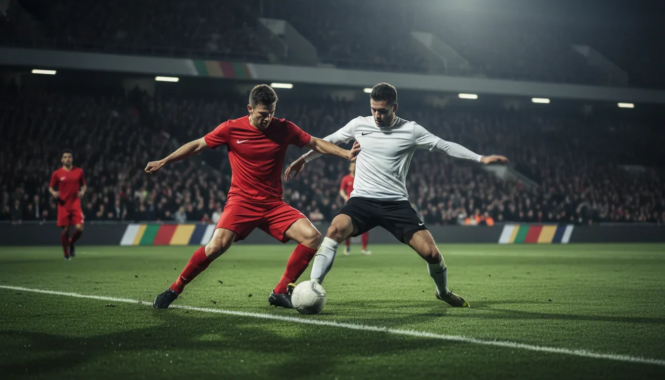 Fußballspieler im Champions League Spiel unter Flutlicht