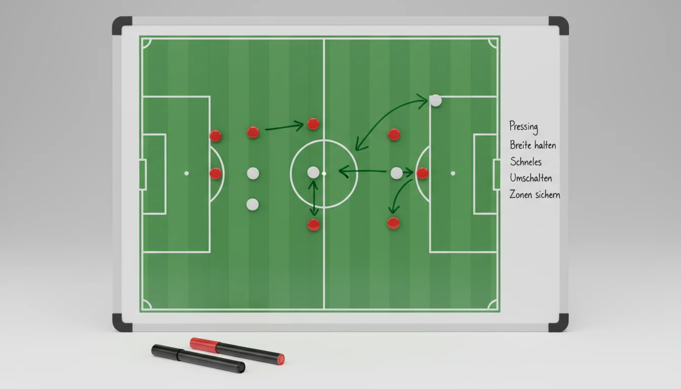 Taktiktafel mit Fußball-Spielzügen und Notizen